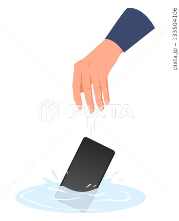 Hand drops your smartphone and it falls into water. Drown mobile in puddle. Broken phone. Electronic device suffered from wet. Failure and misfortune. Waterproof gadget. Vector concept 133504106