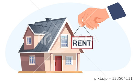 House and hand with Rent sign. Renting out residential building Realtor agent arm. Rental property board. Realty sale deal. Suburb architecture. Broker holding signboard. Vector concept House and hand with Rent sign. Renting out residential building Realtor agent arm. Rental property board. Realty sale deal. Suburb architecture. Broker holding signboard. Vector concept 133504111