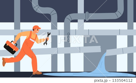 Plumber with tools rushes to scene of accident. Broken pipe and water leaking from plumbing system. Repairman hurrying to leakage. Canalization pipeline. Sewerage fix. Vector concept Plumber with tools rushes to scene of accident. Broken pipe and water leaking from plumbing system. Repairman hurrying to leakage. Canalization pipeline. Sewerage fix. Vector concept 133504112