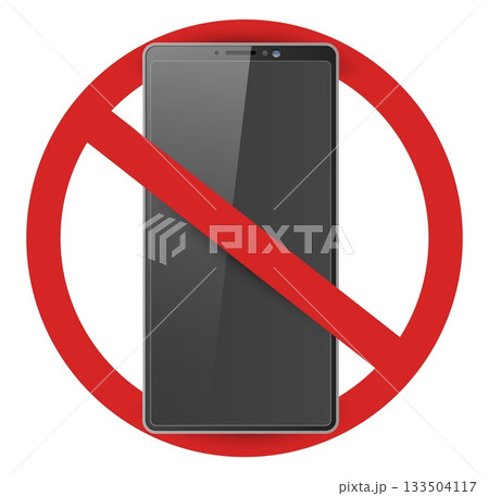 Realistic smartphone in red crossed out circle. Sign prohibiting use of mobile phones. Devices restricted zone. No cellphones. Disallowed calls and messages. Gadgets ban vector icon Realistic smartphone in red crossed out circle. Sign prohibiting use of mobile phones. Devices restricted zone. No cellphones. Disallowed calls and messages. Gadgets ban vector icon 133504117