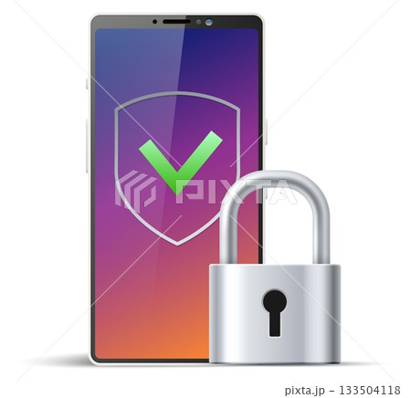 Realistic smartphone with shield on screen. Closed lock. Mobile phone protection. Digital key. User authorization. ID padlock with keyhole. Cellphone data security check. Vector concept Realistic smartphone with shield on screen. Closed lock. Mobile phone protection. Digital key. User authorization. ID padlock with keyhole. Cellphone data security check. Vector concept 133504118