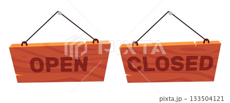 Wooden signs or placards with words Open and Closed. Road signage pointer with inscriptions. Countryside bar door banner hanging on nail. Welcome signboard. Vector plank billboards set 133504121