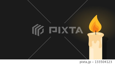 Yellow burning candle on dark background. Mourning burial ceremony in church. Paraffin sticks with lit wicks. Melting wax. Memory candlestick fire. Vector concept of memorial candlelight Yellow burning candle on dark background. Mourning burial ceremony in church. Paraffin sticks with lit wicks. Melting wax. Memory candlestick fire. Vector concept of memorial candlelight 133504123