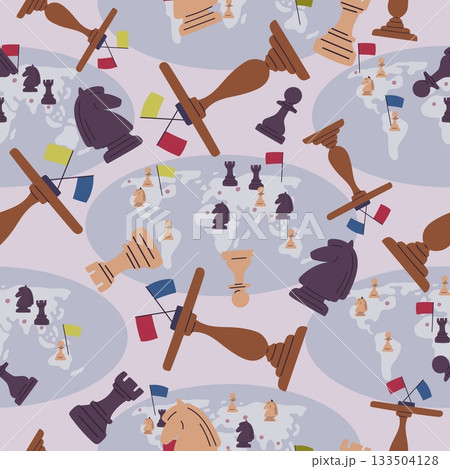 Concept of great world chess game. Negotiations between countries seamless pattern. Politic deal. Diplomacy strategy at chessboard. Repeated print. Global tournament. Vector background 133504128