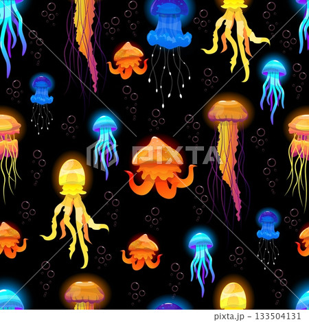 Glowing jellyfish float in depths of sea forming seamless pattern. Plankton with poisonous tentacles. Repeated print. Underwater fauna. Invertebrate medusa creature. Vector background 133504131