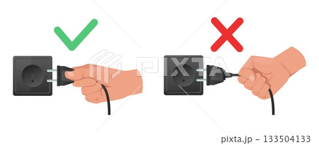 Hand with electrical plug. Correct and incorrect disconnection of connector. Unplug appliance. Electric power outlet. Electronic equipment use manual. Fingers pull cable. Vector concept 133504133