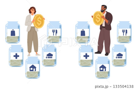 Man and woman allocate money for education, housing, food, medicine and shopping. Budget planning. Financial management. Savings in glass jars. Earnings diversification. Vector concept 133504138