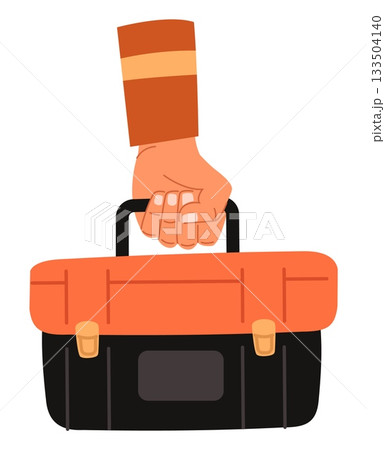 Mechanics or plumbers hand holding red toolbox. Builder carrying professional toolkit. Constructor or technician worker. Handyman tools. Hardware box. Portable storage. Vector concept 133504140