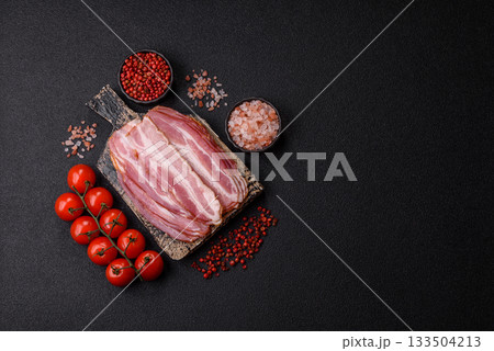 Meat, raw pork bacon sliced, organic food, protein for snacks. Raw bacon as a background 133504213