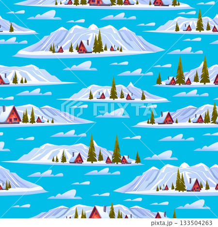 Rural houses in mountains among snow and trees. Winter landscape seamless pattern. Cold season scenic scenery. Snowy wild forest. Repeated print. Wooden homes. Vector panorama background 133504263