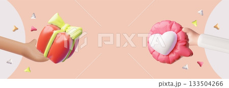 3D hands holding a gift box and a heart in a speech bubble, sharing, social media. 3D hands holding a gift box and a heart in a speech bubble, sharing, social media. 133504266