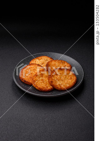 Potato hash browns, a cooked vegetable breakfast food. Potato hash brown 133504282