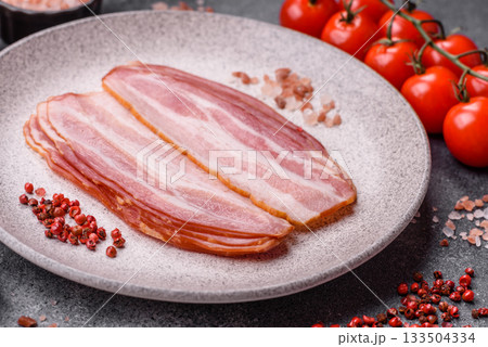 Meat, raw pork bacon sliced, organic food, protein for snacks. Raw bacon as a background 133504334