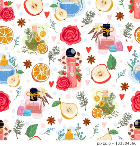 Womens perfume with floral and fruity aromas. Perfumery seamless pattern. Fragrant liquid in bottles. Flower smells. Repeated print. Toilet water vials. Essential oil. Vector background Womens perfume with floral and fruity aromas. Perfumery seamless pattern. Fragrant liquid in bottles. Flower smells. Repeated print. Toilet water vials. Essential oil. Vector background 133504366
