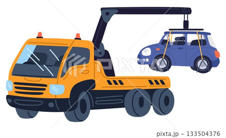 Yellow tow truck loads passenger car and takes to repair shop or impound lot. Lorry with crane. Vehicle transportation. Breakdown automobile carrier. Transport evacuator. Vector concept 133504376