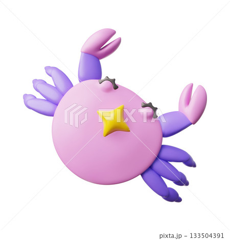 Cute 3D cartoon Cancer, pink, with purple paws and a yellow star, Zodiac symbol. Cute 3D cartoon Cancer, pink, with purple paws and a yellow star, Zodiac symbol. 133504391
