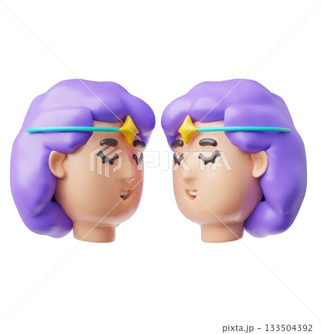 3D Gemini zodiac sign, identical character heads, with purple hair and a star on the forehead. 3D Gemini zodiac sign, identical character heads, with purple hair and a star on the forehead. 133504392