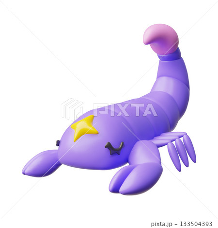 Cartoon 3D scorpion, purple, with a yellow star on the forehead, zodiac sign. 133504393