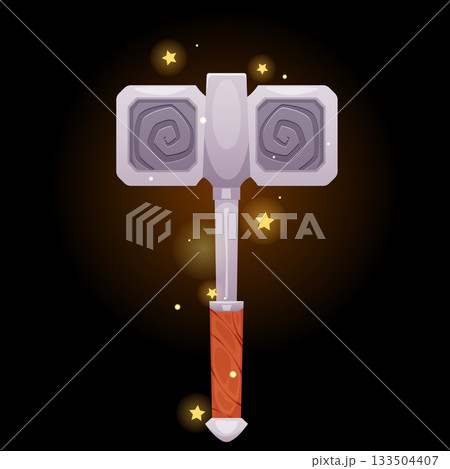 Medieval square hammer with a wooden handle with magical glowing particles and stars. 133504407