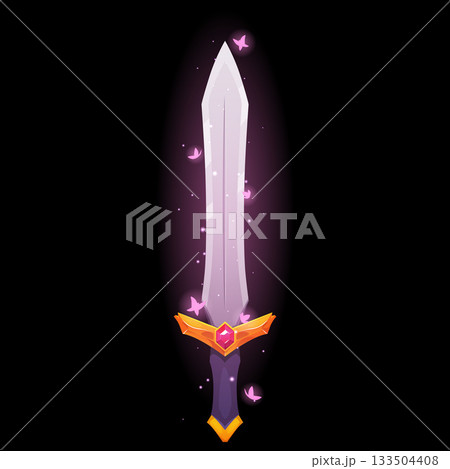 Cartoon shiny sword with sparkles, vector game fantasy saber with handle decorated gemstone, ancient warrior weapon Cartoon shiny sword with sparkles, vector game fantasy saber with handle decorated gemstone, ancient warrior weapon 133504408