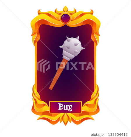 Medieval mace in a gold frame with a "Buy" button, game interface. Medieval mace in a gold frame with a "Buy" button, game interface. 133504415