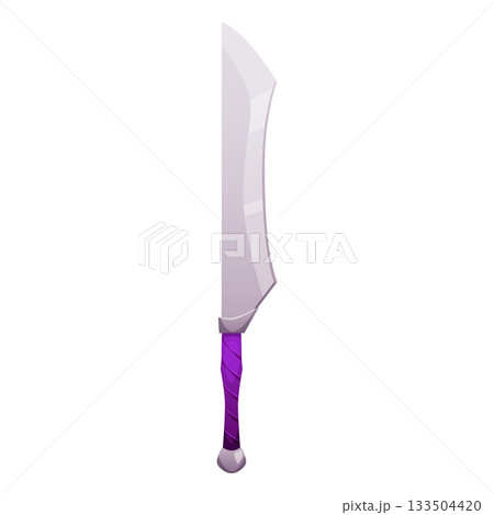 Cartoon sword and dagger, vector curved iron sharp blade saber with purple handle, old weapon warrior, war game asset 133504420