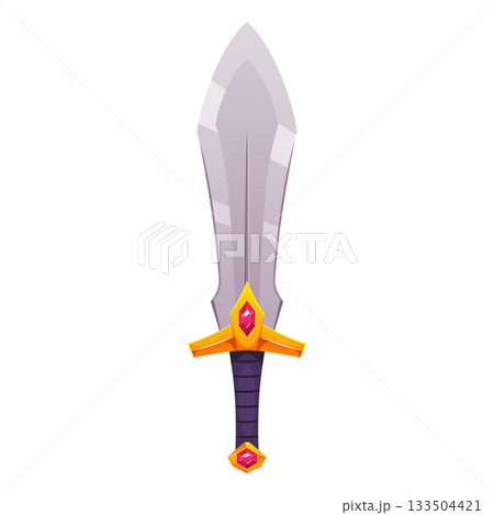 A medieval sword with a broad blade and a golden hilt with red gemstones. 133504421