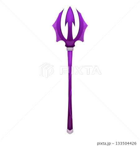 Cartoon antique trident vector icon, sharp blade saber with purple handle, game old weapon ancient warrior, wizard props 133504426