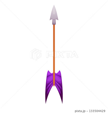 Cartoon arrow vector icon, archery or hunter bow tool ammunition, shoot equipment, game weapon arrow with purple feather Cartoon arrow vector icon, archery or hunter bow tool ammunition, shoot equipment, game weapon arrow with purple feather 133504429