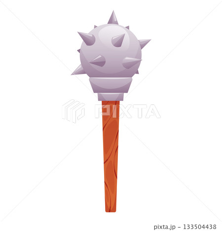 Medieval mace, round, with sharp metal spikes and a wooden handle. 133504438