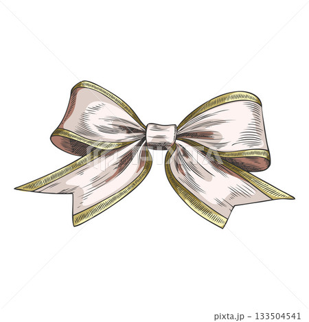 White bow with golden stripe hand drawn vector illustration, Happy New Year, Merry Christmas winter holiday decoration White bow with golden stripe hand drawn vector illustration, Happy New Year, Merry Christmas winter holiday decoration 133504541