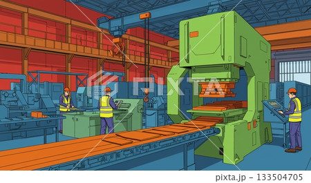 ポップアップ風。食品工場全体と製造ラインのイラスト ポップアップ風。食品工場全体と製造ラインのイラスト 133504705