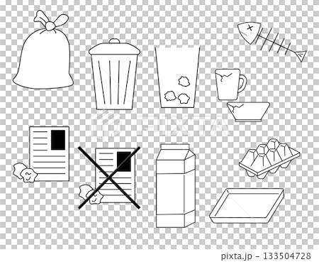 垃圾分類插圖集，單色，線條畫 133504728