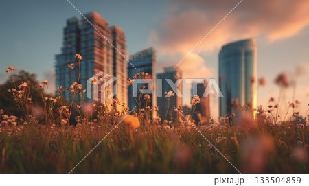 夕日が差す草むら越しの都市高層ビル群景観 夕日が差す草むら越しの都市高層ビル群景観 133504859