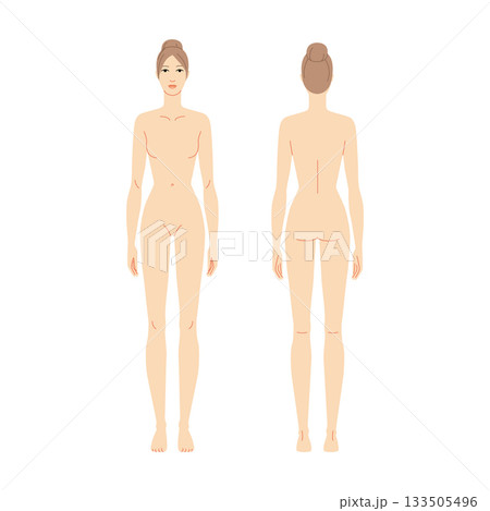 Vector illustration of a 9 head woman, displaying multiple angles including front, and back. Perfect for fashion sketch 133505496