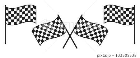 Set of wavy race flags with chequered black and white print. Start or finish signal symbols on sport car competitions. Karting, rally or motocross props. Vector graphic illustration 133505538