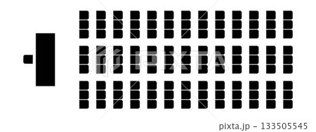 Auditorium seating plan top view. Schema of seats in classroom or lectorium, meeting or conference, training or seminar event. Tribune, desk and visitors chairs symbols. Vector graphic illustration 133505545