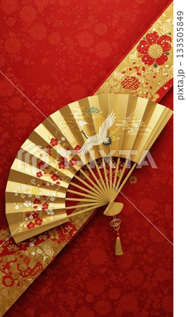 正月の赤い和柄背景に豪華な金の扇を配置したスマホ用背景画像 133505849