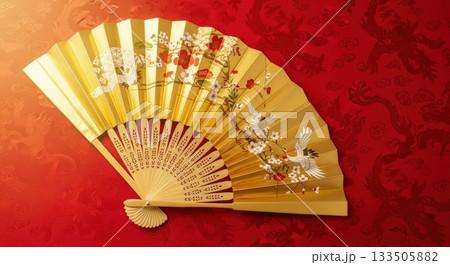 正月の赤い和柄背景に豪華な金の扇を配置した背景画像 133505882