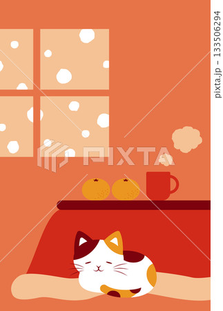 雪が降る日にこたつで温まる猫の年賀状向け背景イラスト 133506294