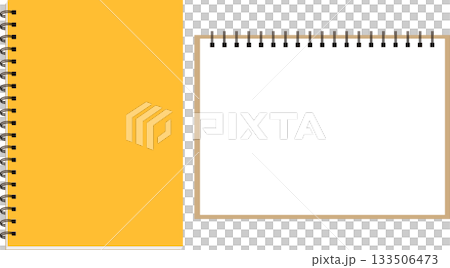 A set of three-dimensional yellow spiral notebooks and open notebooks 133506473