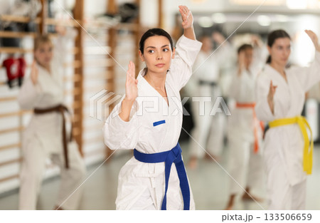 Young woman practicing kata standing in row with others Young woman practicing kata standing in row with others 133506659