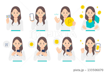 クレジットカードやスマホで買い物をする･ポイントを貯める若い女性のセット【人物ベクターイラスト素材】 133506870