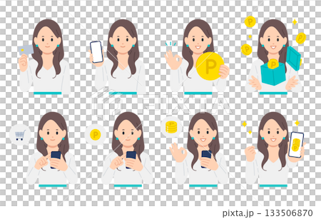 クレジットカードやスマホで買い物をする･ポイントを貯める若い女性のセット【人物ベクターイラスト素材】 133506870