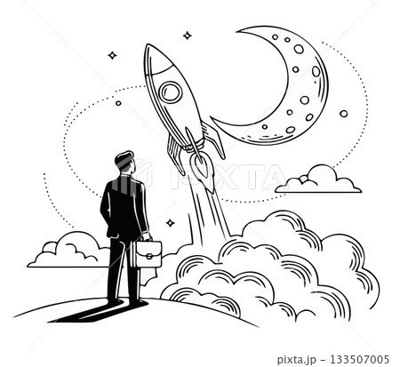 未来を見つめるビジネスマンとロケット 未来を見つめるビジネスマンとロケット 133507005