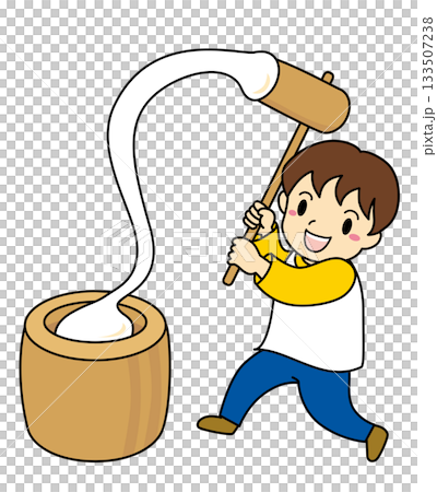 Illustration of a boy pounding stretchy rice cakes 133507238