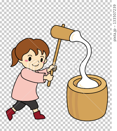 Illustration of a girl pounding stretchy mochi rice cakes Illustration of a girl pounding stretchy mochi rice cakes 133507239