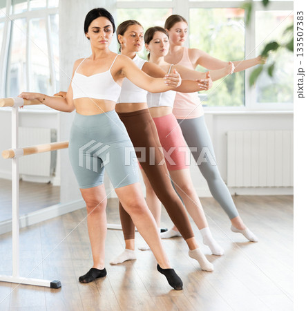 Young ballerinas stand in second position near ballet barre during group training in dance studio 133507383