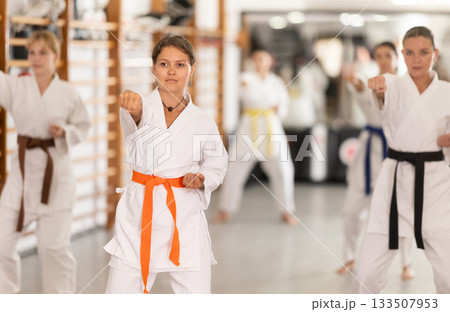 Positive young woman practicing kata standing in row with others Positive young woman practicing kata standing in row with others 133507953