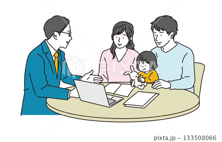 相談をする若い子連れの夫婦と説明をするスーツの男性のイラスト素材 133508066